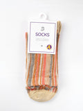 Pack of striped socks with a label on a white background