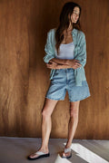 Woven Cotton Collar Neck Button Front Long