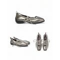 Three views of metallic silver lace-up shoes with black soles, displayed on a clean white background.