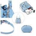 Collage of a light blue handbag with studded details, including close-up shots and an open view.