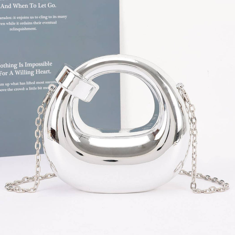 Silver round handbag with chain strap on a white background
