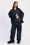 Oversized Twill Button Up Dark Denim Jacket
