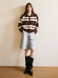 Brown Oversized Contrast Striped Sweater