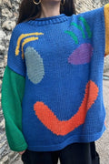 Playful Face Knit Sweater: BLUE / S