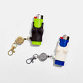 Two keychain lighters with colorful designs on a white background