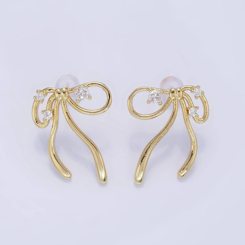 14K Gold Filled CZ Coquette Ribbon Tied Bow Stud Earrings