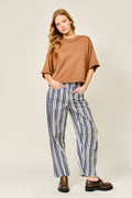 STRIPED COTTON BARREL PANTS: NAVY STRIPE
