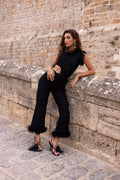 Anita Feather Trim Straight Cut Pants: Black / Small
