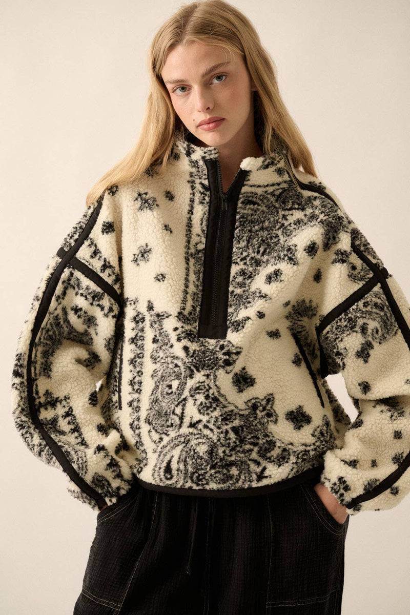 Floral Sherpa Fleece Half-Zip Pullover Jacket