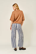STRIPED COTTON BARREL PANTS: NAVY STRIPE