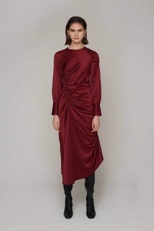 Amelia Asymmetrical Ruche Midi Dress: Wine / Small