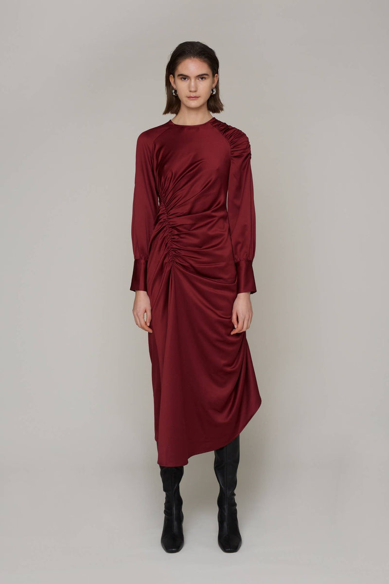 Amelia Asymmetrical Ruche Midi Dress: Wine / Small