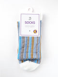Pack of striped socks on a white background with a visible brand label.