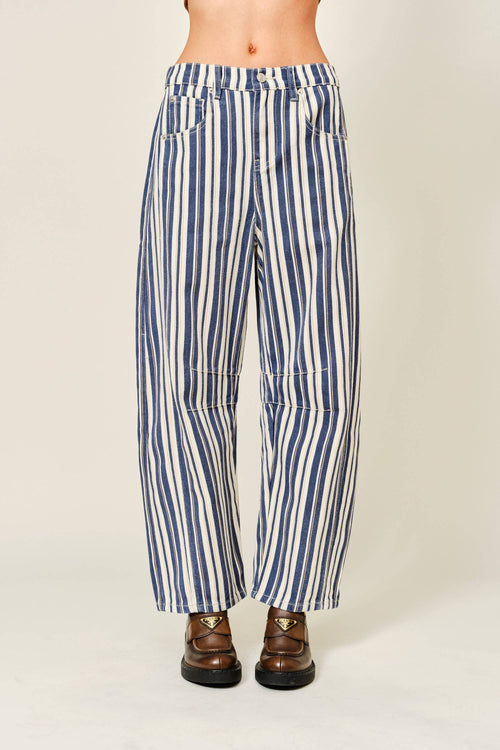 STRIPED COTTON BARREL PANTS: NAVY STRIPE