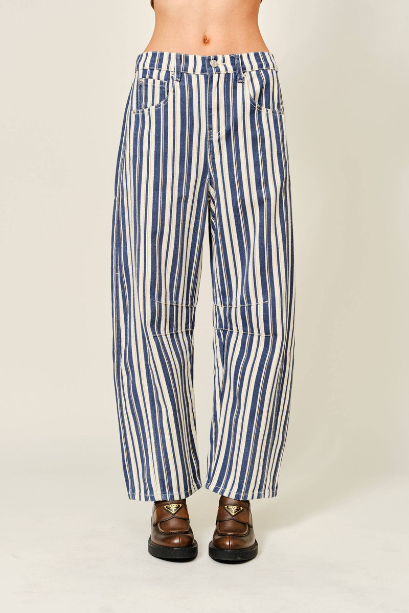 STRIPED COTTON BARREL PANTS: NAVY STRIPE