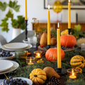 Decorative table setting with pumpkins, candles, and greenery for a festive atmosphere.