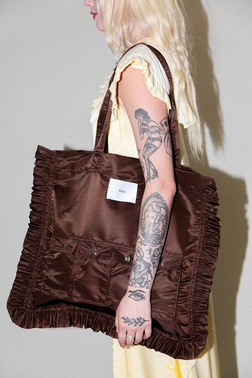 Utility Tote in Chocolate Nylon Satin: Chocolate / OS