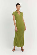 V-Neck Lapel Stripe Knit Midi Dress in Avocado