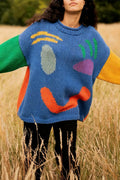 Playful Face Knit Sweater: BLUE / S