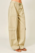 AJP6166 UTILITY BARREL WAIST TIE CARGO PANTS: KAHKI / S-M-L (2-2-2)