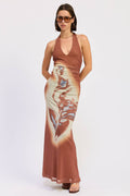 Abstract Floral Maxi Mesh Halter Dress in Terra Cotta