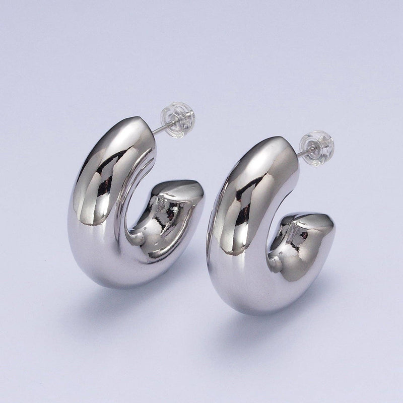 Wide Chubby C Shaped Hoop Stud Earrings in Gold & Silver | X: Silver