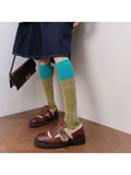 Rufia - Colorblock Plaid Mid-Calf Crew Socks: Coffee