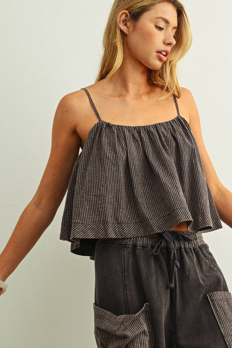 brow ruffled sear sucker 100% cotton tank top with spaghetti straps.