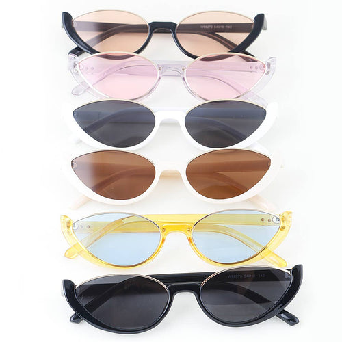 Set of cat-eye sunglasses with different lens colors on a white background