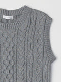 Gray cable knit sleeveless sweater on a light gray background