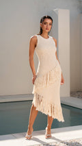 Lacey Cream Knit Dress with Asymmetrical Fringe