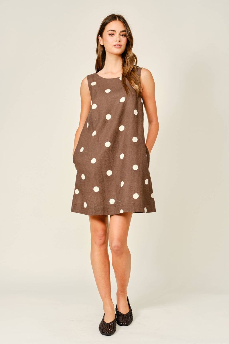 Brown Linen Polka Dot Mini Dress