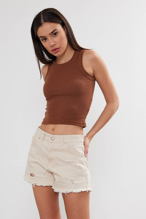 Cropped Cotton Ribbed Tank Top in Brown