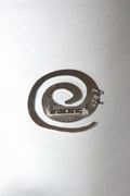 Metallic badge with a logo on a reflective surface