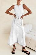 Ribbed Maxi A-line Sleeveless Dress with Contrast Stitch in White