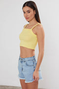 Cropped Cotton Ribbed Strap Tank Top in Yellow