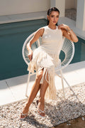 Lacey Cream Knit Dress with Asymmetrical Fringe