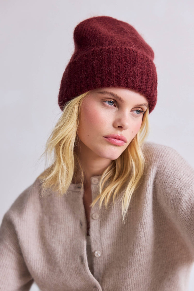 The Mohair Beanie in Cherry Burgundy