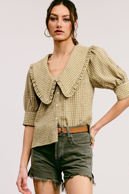 Plaid Gingham Ruffled Bib Collar Puff-Sleeve Blouse in Green