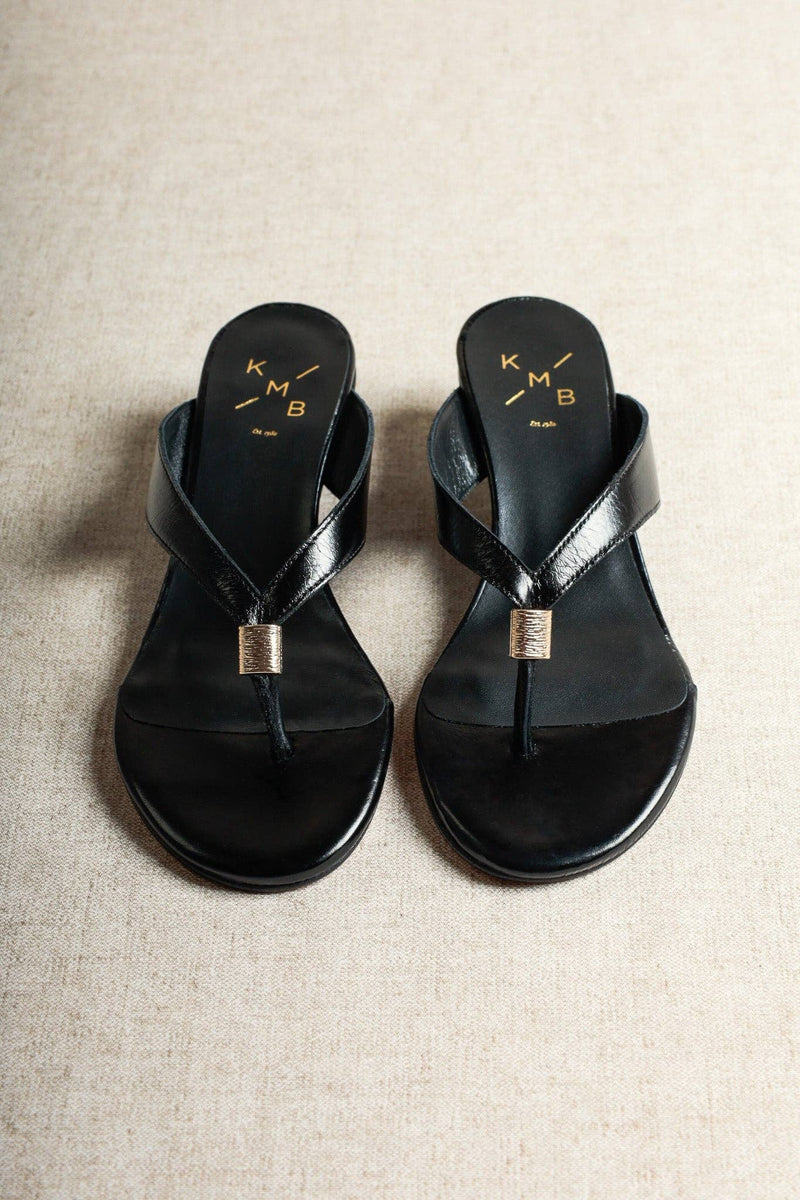 Aurora Black Leather Wedge Thong Sandals