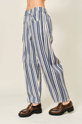 STRIPED COTTON BARREL PANTS: NAVY STRIPE