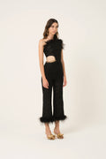 Anita Feather Trim Straight Cut Pants: Black / Small