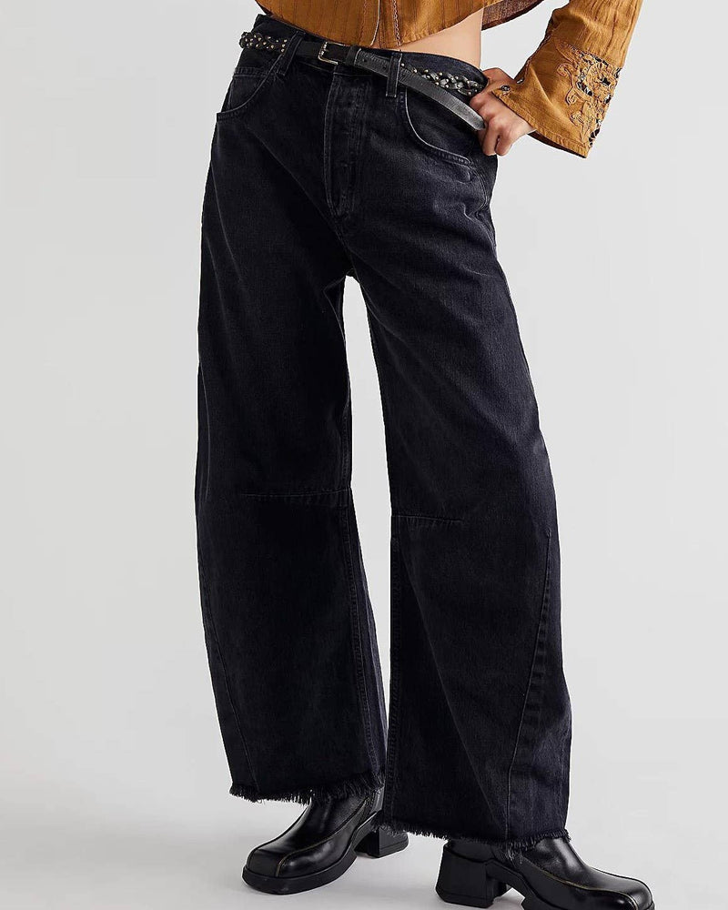 High-Waisted Loose-Fit Raw-Edged Jeans in Black