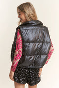 Silver Shiny Metallic Puffer Snap Button Vest