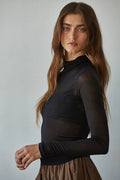 Knit Tencel Jersey Turtleneck Long Sleeve Sheer Top
