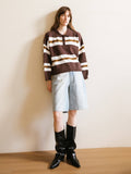 Brown Oversized Contrast Striped Sweater