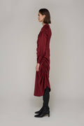 Amelia Asymmetrical Ruche Midi Dress: Wine / Small