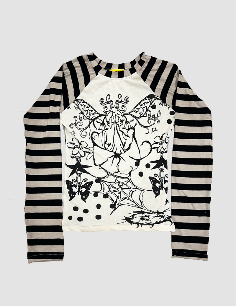 Long-sleeve shirt with black and white striped sleeves and a central graphic design on a light gray background