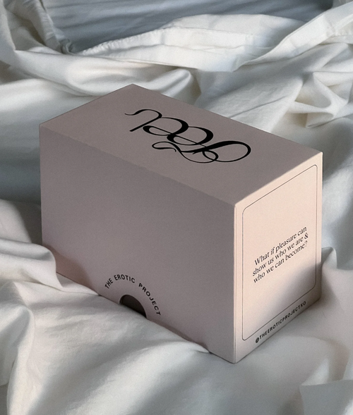 Product packaging with a logo and text on a white fabric background