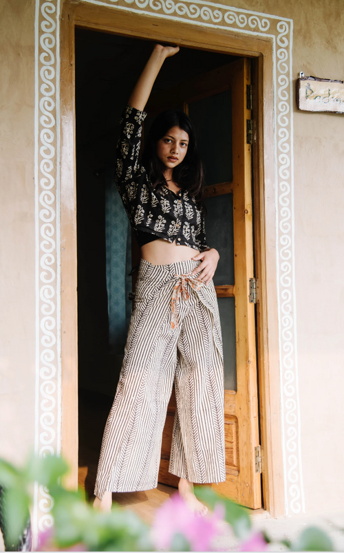 model with wrap pants on 